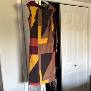 Tribal Geometric Midi Dress in Yellow, Red, and Brown